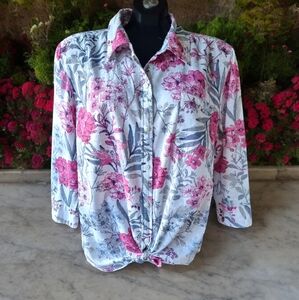Karen Scott Textured Floral Cotton Button Down Blouse